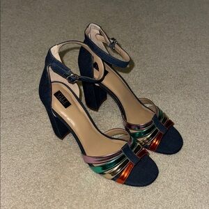 Chic Denim Block Heels with Vibrant Rainbow Straps